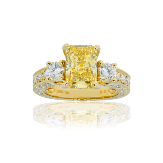 18K Yellow Gold 2Ct Radiant Cut Fancy Vivid Diamond Engagement Ring 3.23Ctw Bridal