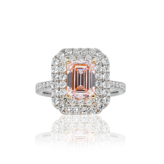 18K White Gold 2.08 Emerald Cut Fancy Intense Pink Diamond Ring 3.08Ctw Bridal