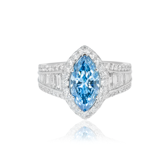 18K White Gold 1.5Ctw Marquise Cut Fancy Vivid Blue Diamond Ring 3.20Ctw Bridal