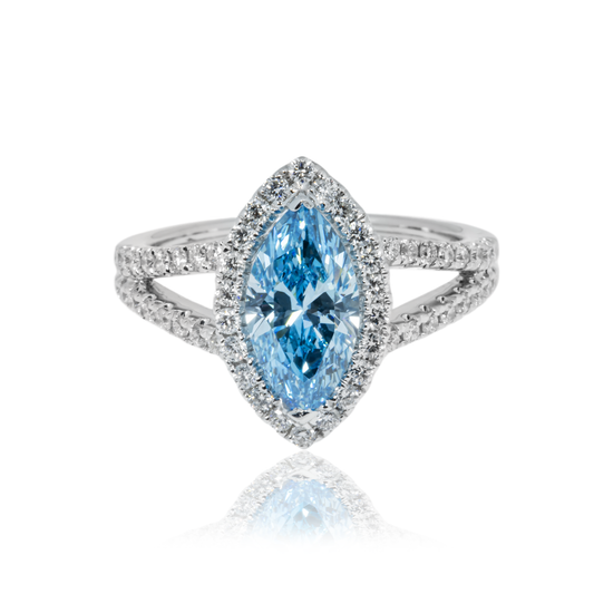 18K White Gold 1.46Ct Marquise Cut Fancy Vivid Blue Diamond Ring 1.99Ctw Bridal