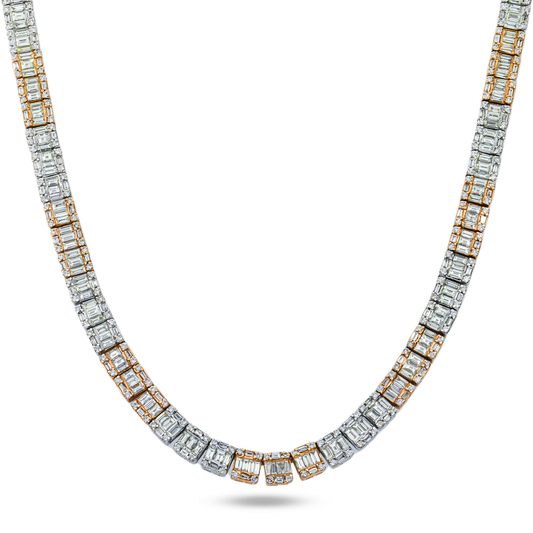 14K Two Tone Round & Baguette Cut Diamond Tennis Chain 29.52ct