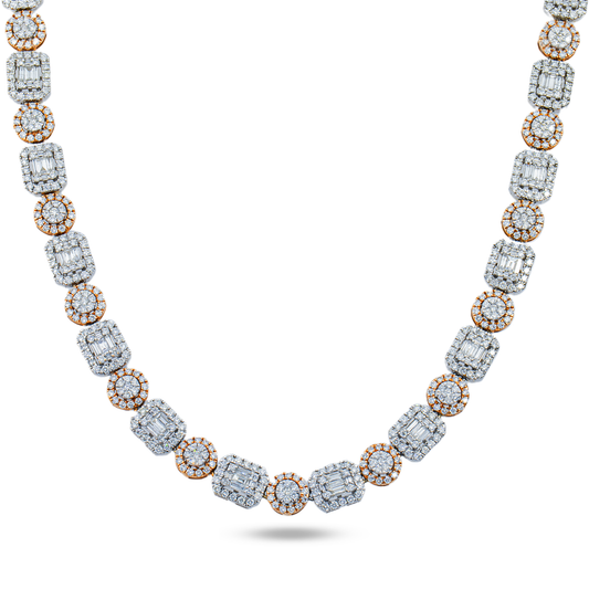 14K Two Tone Round & Baguette Cut Diamond Tennis Chain 22.12ct