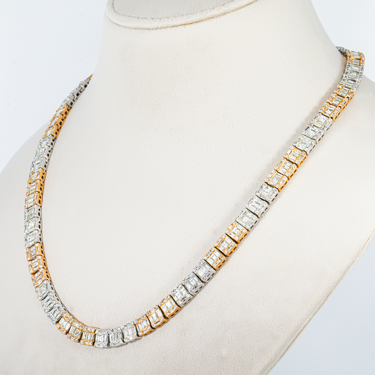 14K Two Tone Round & Baguette Cut Diamond Tennis Chain 29.52ct
