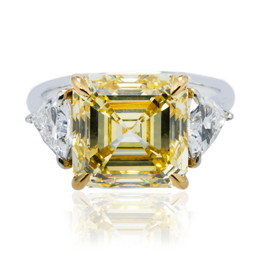 IGI 18K Two Tone 7.52ct Asscher Cut Fancy Yellow Diamond Ring 8.77ctw