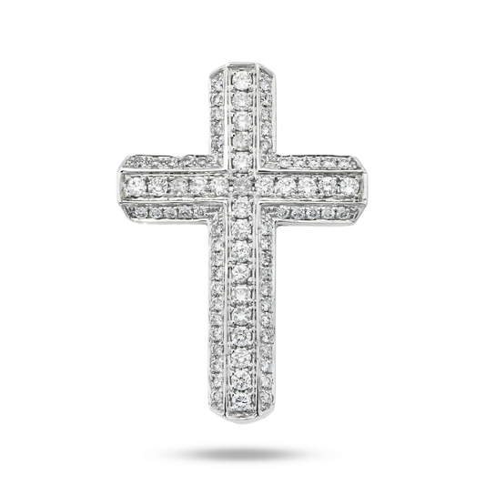14K White Gold Triple Row Round Diamond Cross Pendant 0.71Ct