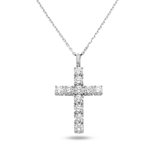 White Gold Round Diamond Cross Pendant & Chain Necklace 3.45ct