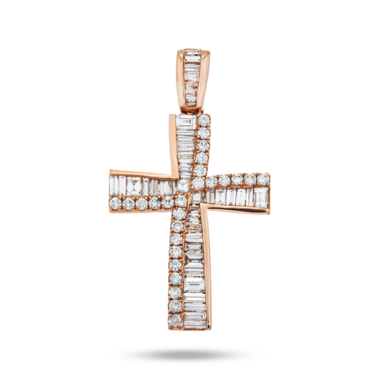 14K Rose Gold Baguette & Round Diamond Cross Pendant 1.14Ct