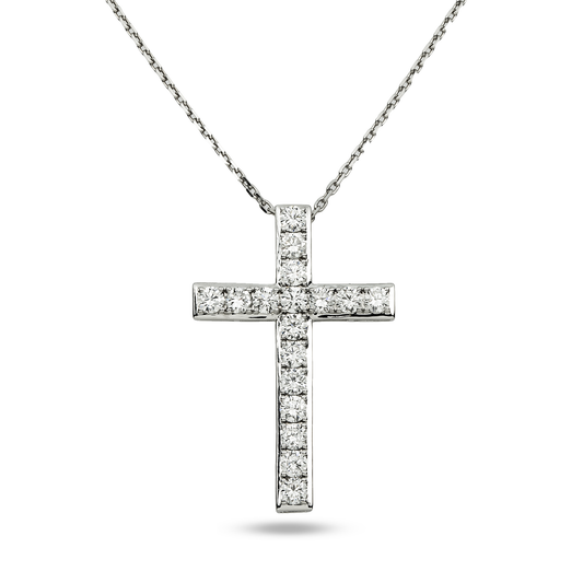 White Gold Roud Diamond Cross Pendant & Chain Necklace 2.48ct