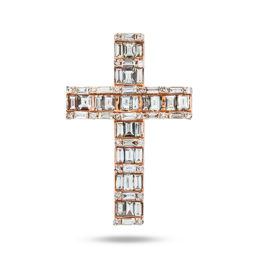 14K Rose Gold Baguette & Round Diamond Cross Pendant 2.30Ct