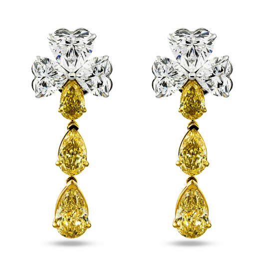 IGI 14K Two Tone White & Fancy Yellow Heart & Pear Diamond Earrings 13.72ct