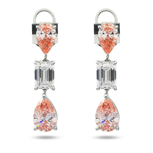 14K White Gold Three Tier Fancy Pink & White Diamond Drop Earrings 4.78ctw