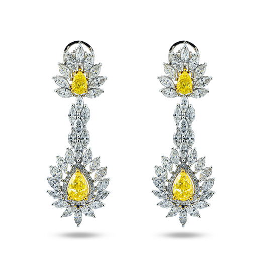 14K White Gold Multi Cut Fancy Yellow Drop Earrings 13.64ctw