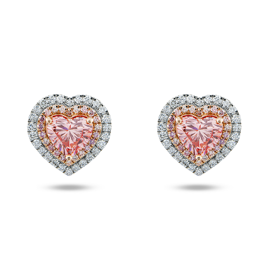 14K Two Tone Fancy Pink Heart Shape Diamond Stud Earrings W/ Halo 2.97ctw