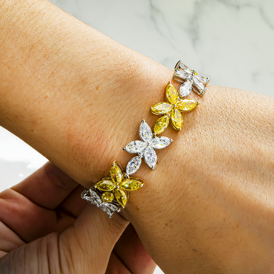 14K Two Tone Marquise Fancy Yellow Diamond Flower Bracelet 31.12ct
