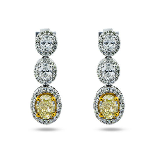 14K White Gold Fancy Yellow & White Oval Cut Diamond Drop Earrings 3.05ctw