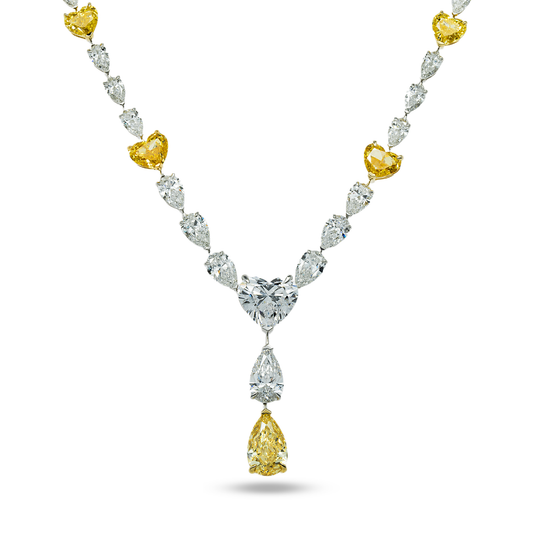 IGI 14K Two Tone Fancy Intense Yellow & White Diamond Drop Necklace 33.73ct