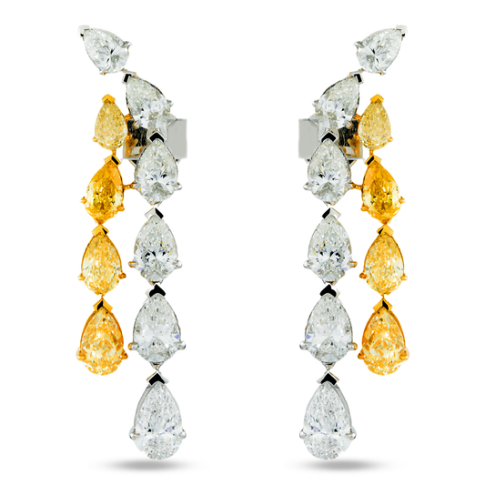IGI 14K Two Tone Pear Cut Fancy Yellow & White Diamond Drop Earrings 14.32ctw