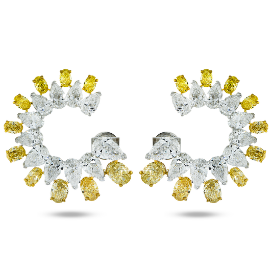 14K Two Tone Pear Cut Fancy Yellow & White Diamond Hoop Earrings 18.01ctw