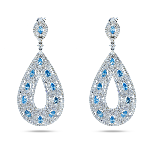 18K White Gold Blue Diamond Raindrop Earrings 12.25Ctw