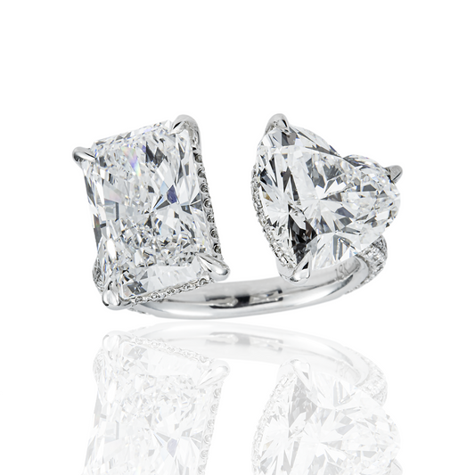 18K White Gold Heart & Radiant Cut Diamond Toi et Moi Ring 8.34ctw