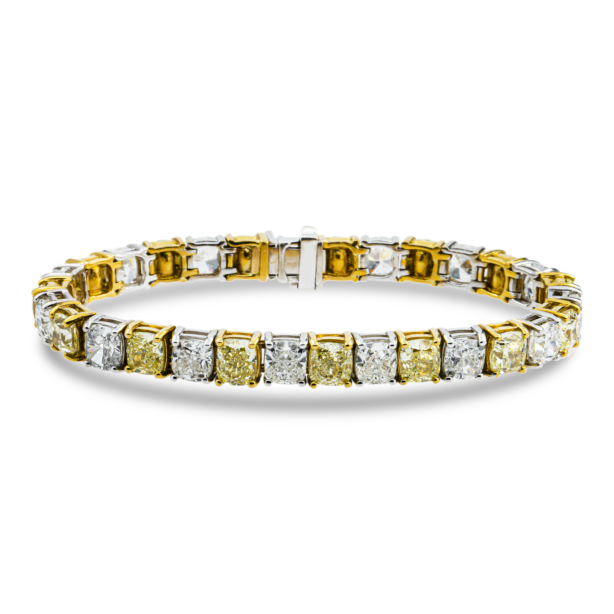 18K Two Tone Fancy Light Yellow White Cushion Cut Diamond Tennis