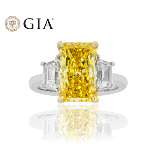 Gia 18K White Gold 4Ct Radiant Cut Fancy Vivid Yellow Diamond Engagement Ring 5.03Ctw Bridal