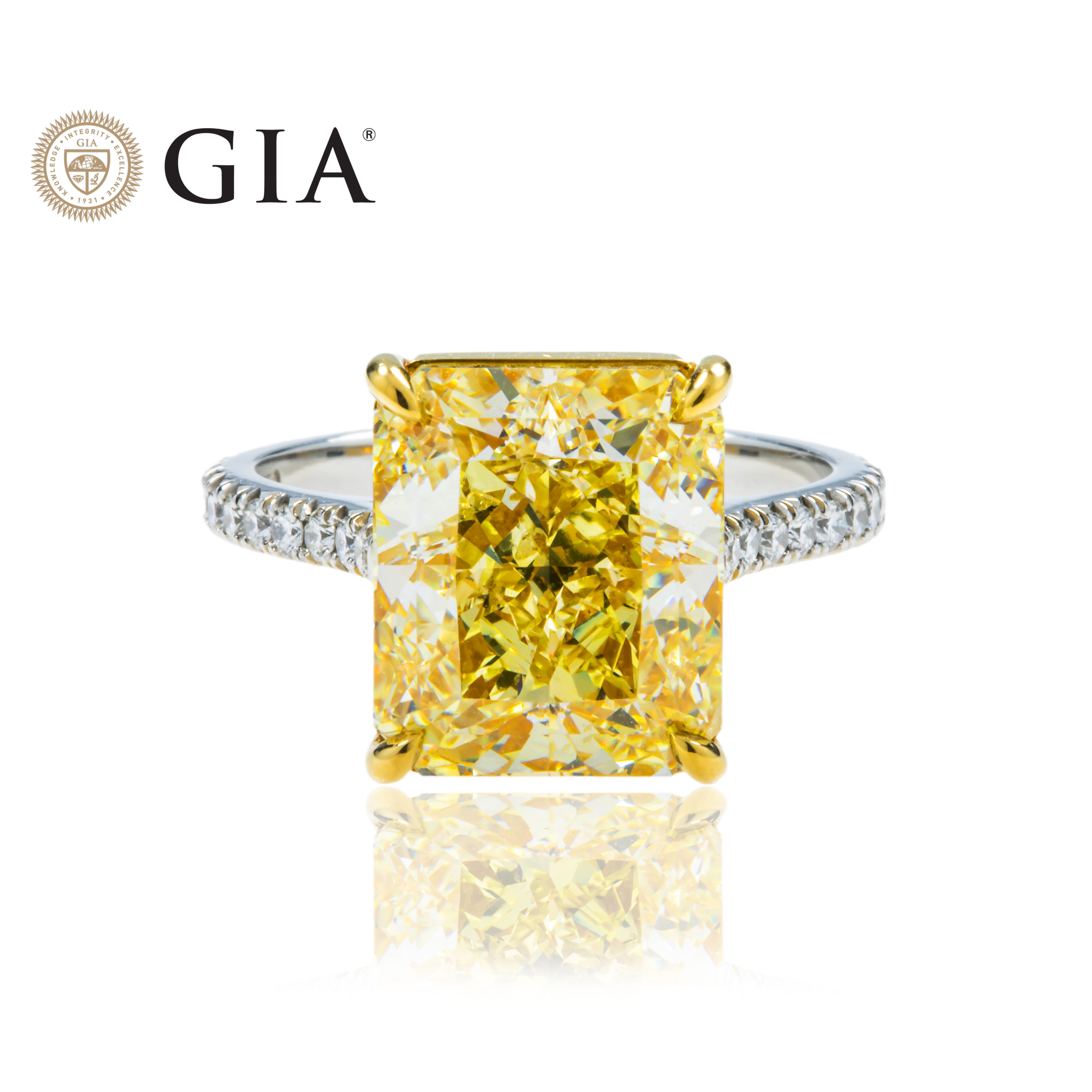 Elegant GIA Platinum Radiant Cut Fancy Yellow Diamond Ring