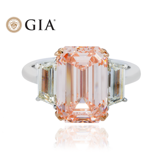 GIA Platinum 5.76ct Emerald Cut Fancy Pink Triple Diamond Ring 6.93ctw