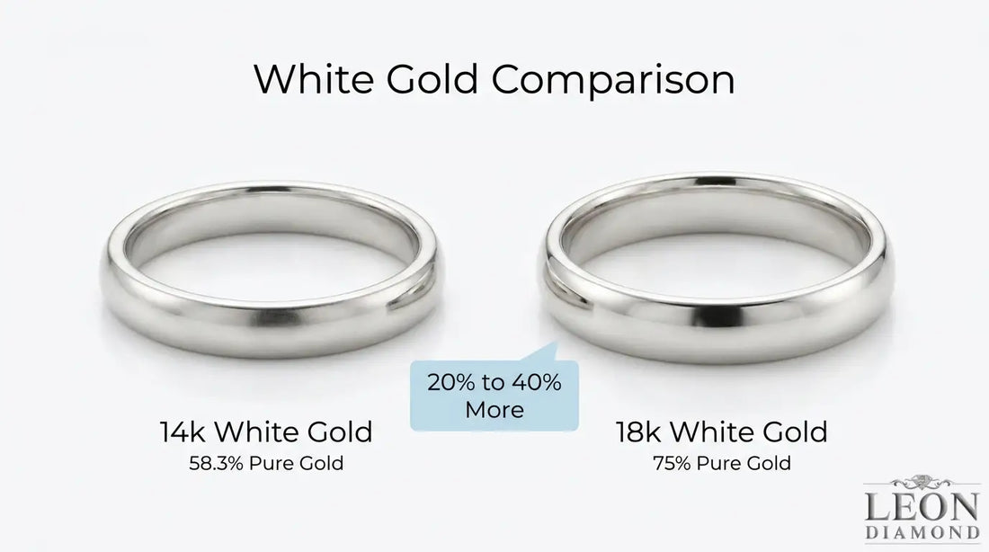 14K and 18K white gold rings compared by gold purity, showing 58.3% versus 75% pure gold.