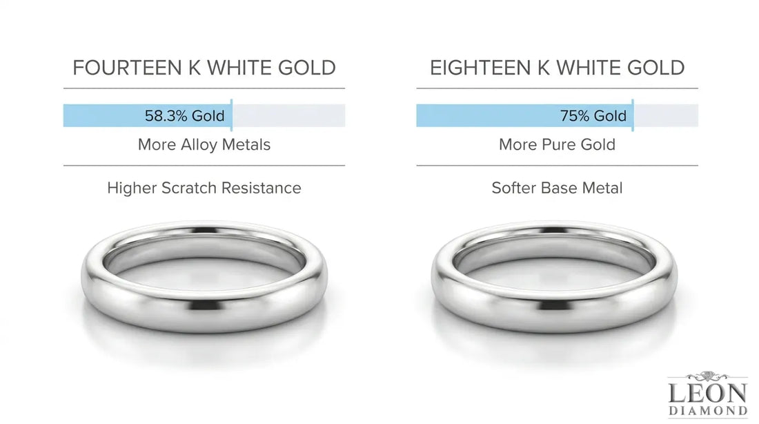 14K vs. 18K white gold comparison showing 58.3% and 75% gold content with scratch resistance differences.