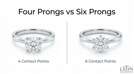 Four-prong versus six-prong diamond engagement rings showing four and six contact points around the center stone.
