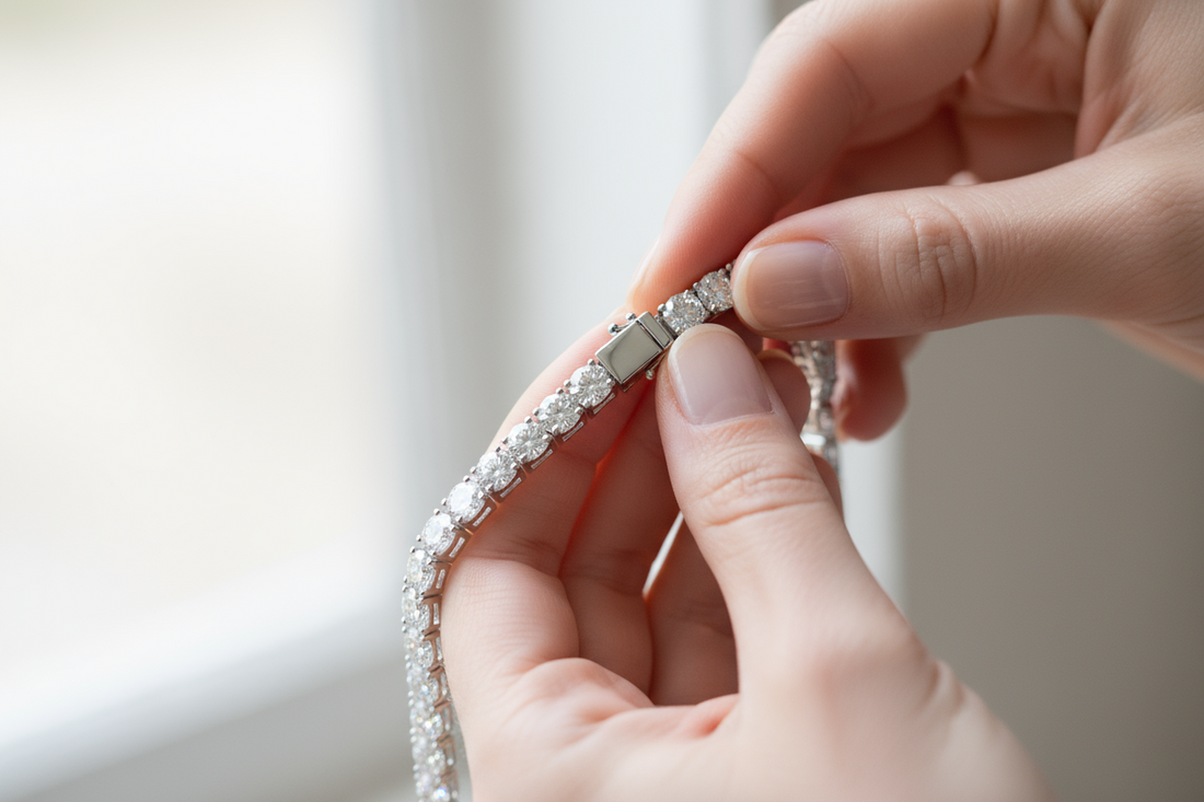 Close-up of a woman fastening a diamond tennis bracelet with a box clasp, symbolizing secure fit, active lifestyle comfort, and elegant design.