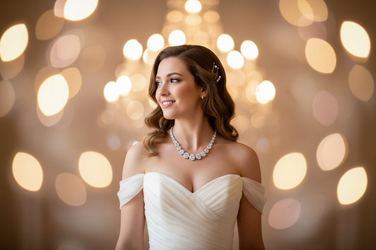 Bride wearing a diamond tennis necklace with an off-shoulder gown, showcasing timeless elegance and bridal sophistication.