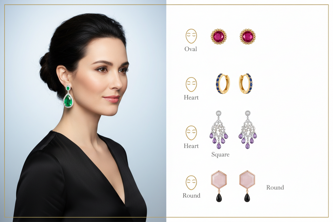 Woman showcasing different earring styles designed for various face shapes including oval, round, and heart-shaped.