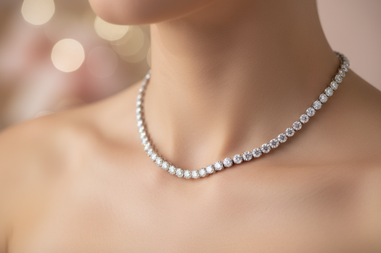Elegant woman wearing an 18-inch diamond tennis necklace resting below the collarbone, showcasing perfect length, comfort, and timeless luxury.