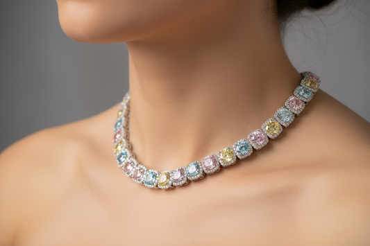 Elegant woman wearing a colored diamond tennis necklace featuring pink, blue, and yellow diamonds for a luxurious and modern jewelry look.