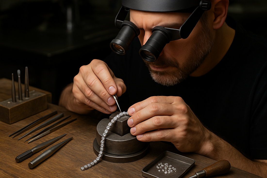 Master jeweler hand-setting diamonds into a gold tennis bracelet under bright light at Leon Diamond’s New York workshop.
