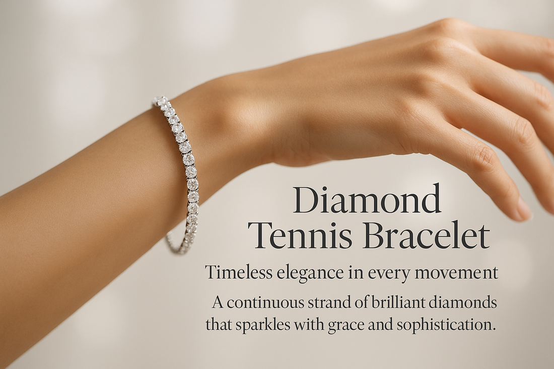 Elegant woman wearing an adjustable diamond tennis bracelet showcasing perfect wrist fit, combining timeless beauty, comfort, and luxury design.