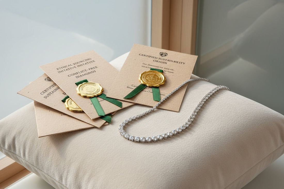 A diamond tennis bracelet and necklace displayed with ethical certification documents, symbolizing sustainability, transparency, and responsible diamond sourcing.