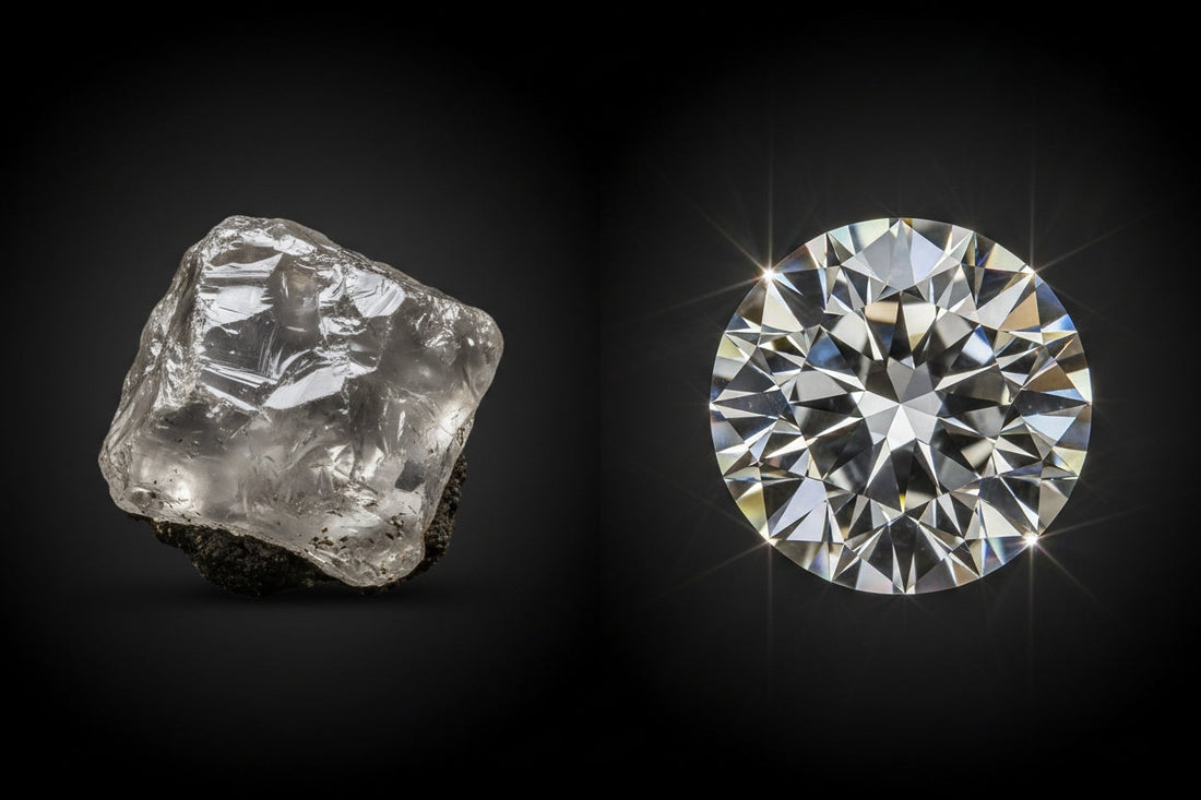 Rough diamond transforming into a polished brilliant gem, showcasing the journey from raw crystal to fine jewelry.