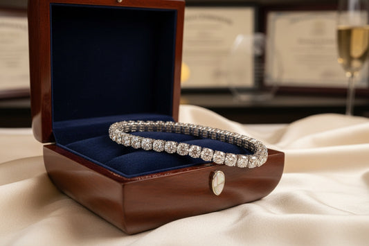 A beautifully wrapped jewelry box revealing a diamond tennis bracelet, symbolizing celebration of personal achievements and milestones.