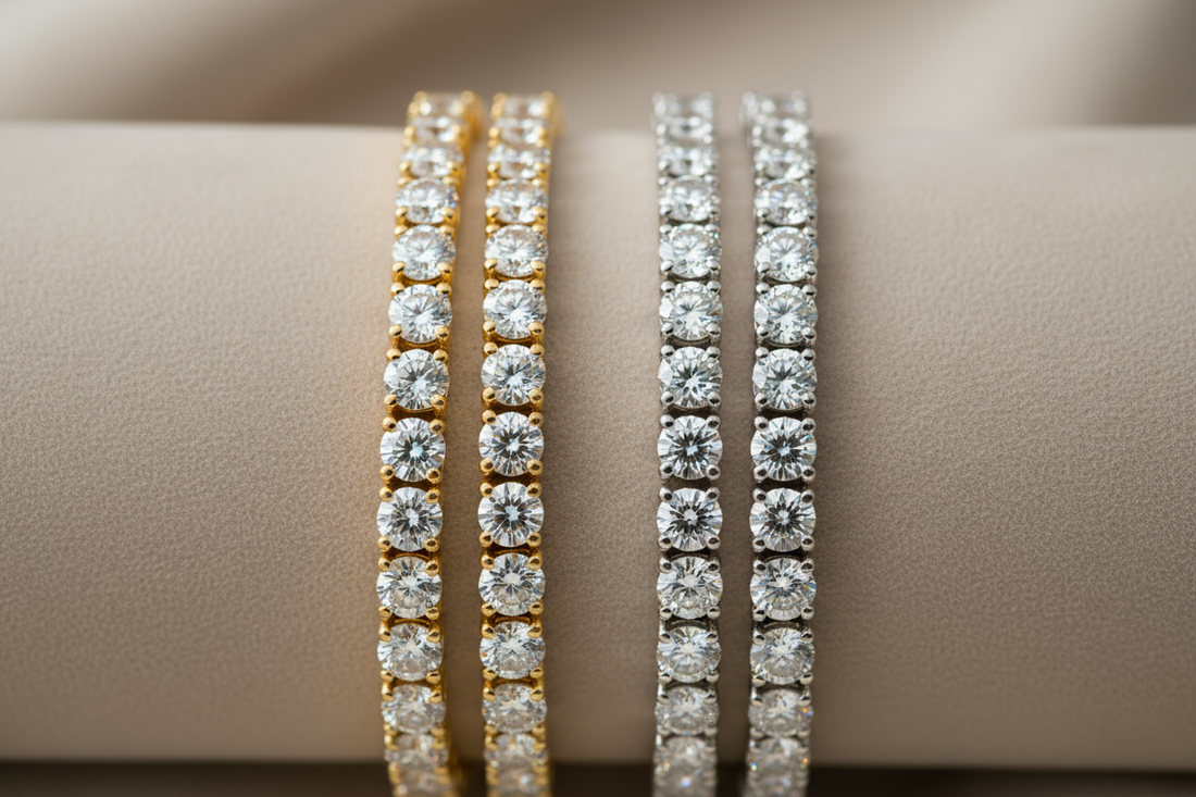 Side-by-side gold and platinum diamond tennis bracelets showing color contrast, craftsmanship, and durability differences over time.