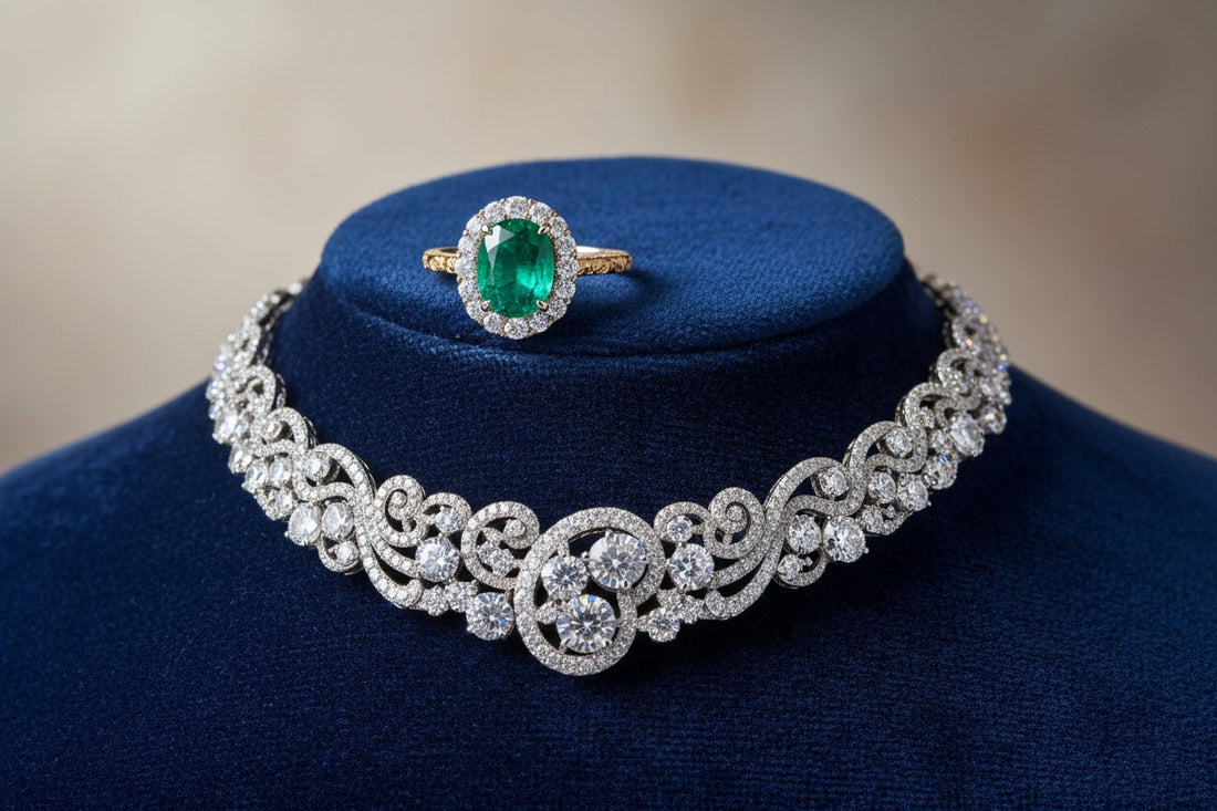 Comparison of high jewelry and fine jewelry featuring a diamond necklace and luxury gemstone ring, highlighting craftsmanship and elegance.