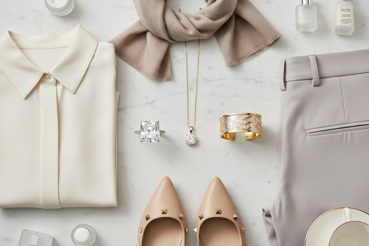 Elegant flat lay of gold rings, diamond necklaces, and stylish accessories arranged beside a chic outfit, representing Leon Diamond’s jewelry styling guide.