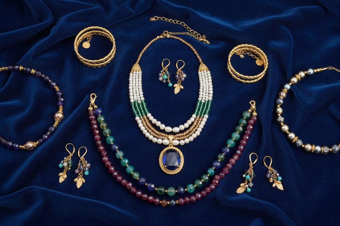 A premium editorial shot of luxury beaded jewelry arranged on rich velvet.