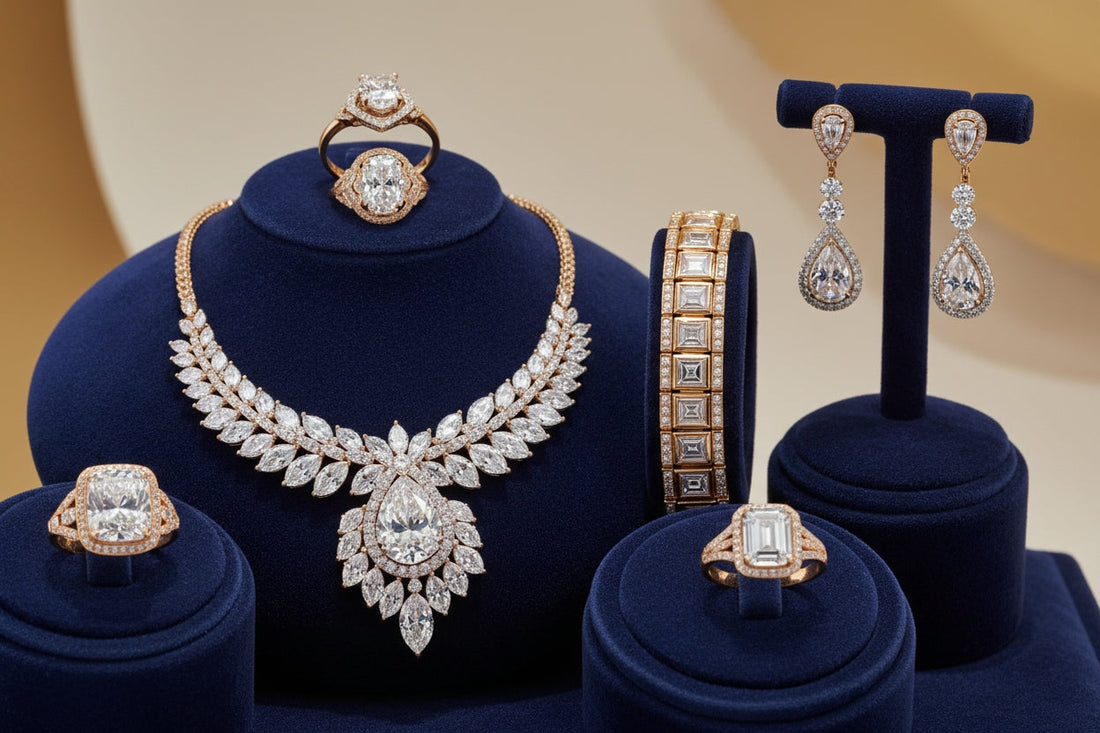 Close-up of a bespoke diamond and gold jewelry set on a velvet display, highlighting exclusivity, craftsmanship, and luxury for high-net-worth clients.