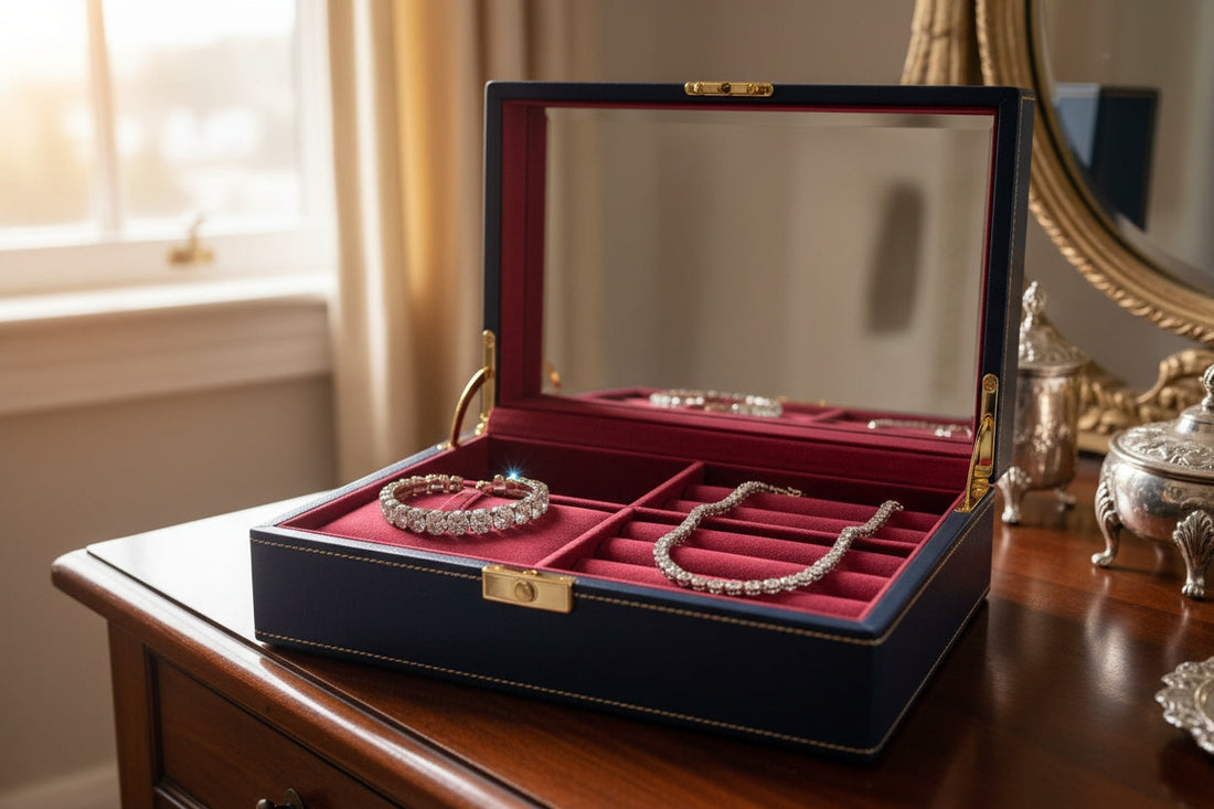 A neatly organized jewelry box with separate compartments holding a diamond tennis bracelet and necklace, highlighting soft-lined interiors and careful storage.