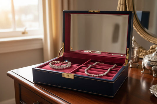 A neatly organized jewelry box with separate compartments holding a diamond tennis bracelet and necklace, highlighting soft-lined interiors and careful storage.