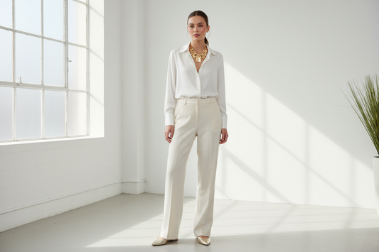 Woman wearing a gold statement necklace with a white blouse, showcasing how to style bold jewelry elegantly for everyday wear.