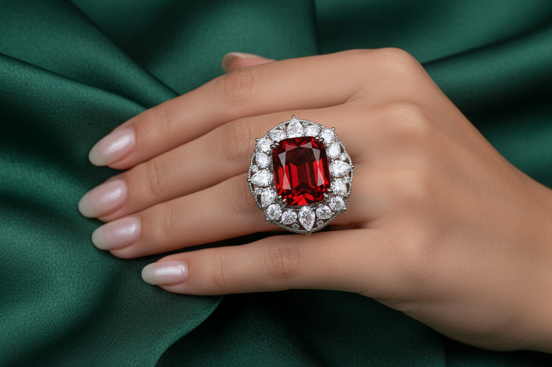 Elegant hand wearing a sparkling amethyst cocktail ring paired with an evening gown at a formal event.